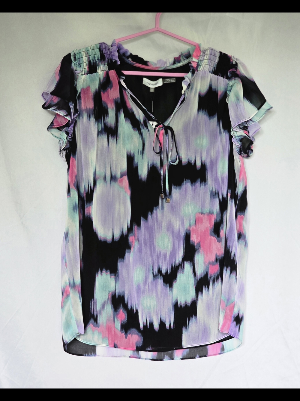 Calvin Klein Purple Multi-Print Ruffle Sleeve Blouse